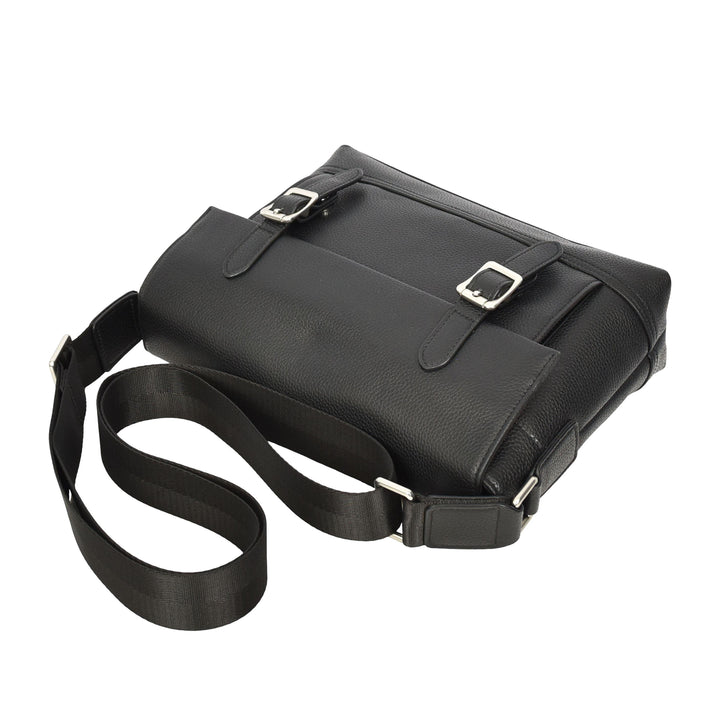 Men's Real Leather Crossbody Messenger Bag Flap Over Dual Buckle Ted Black