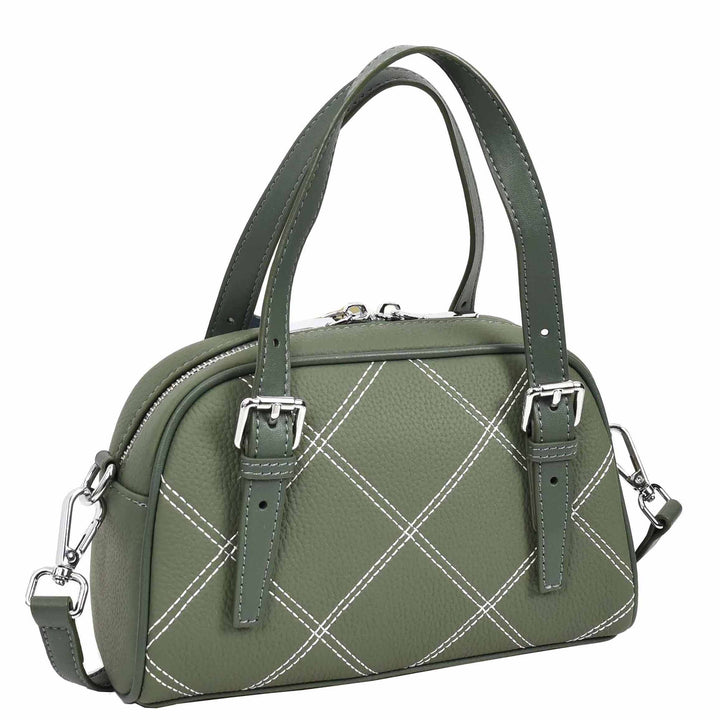 Women's Leather Satchel Handbag Quilted Stitch Design Anya Green 8