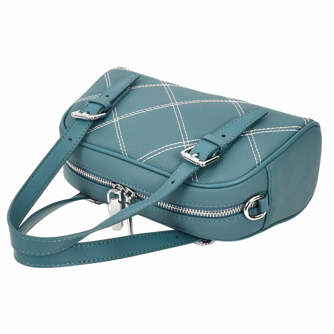 Women's Leather Satchel Handbag Quilted Stitch Design Anya Teal 5