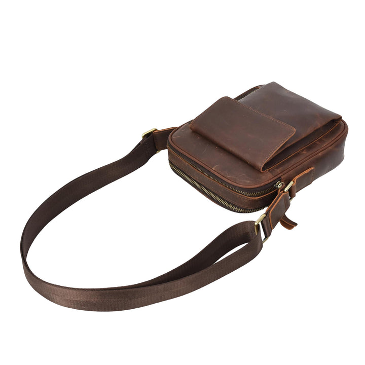 Mens Real Leather Cross Body bag Medium Multi-Pocket Travel Organiser Pouch Rovigo Rust Brown