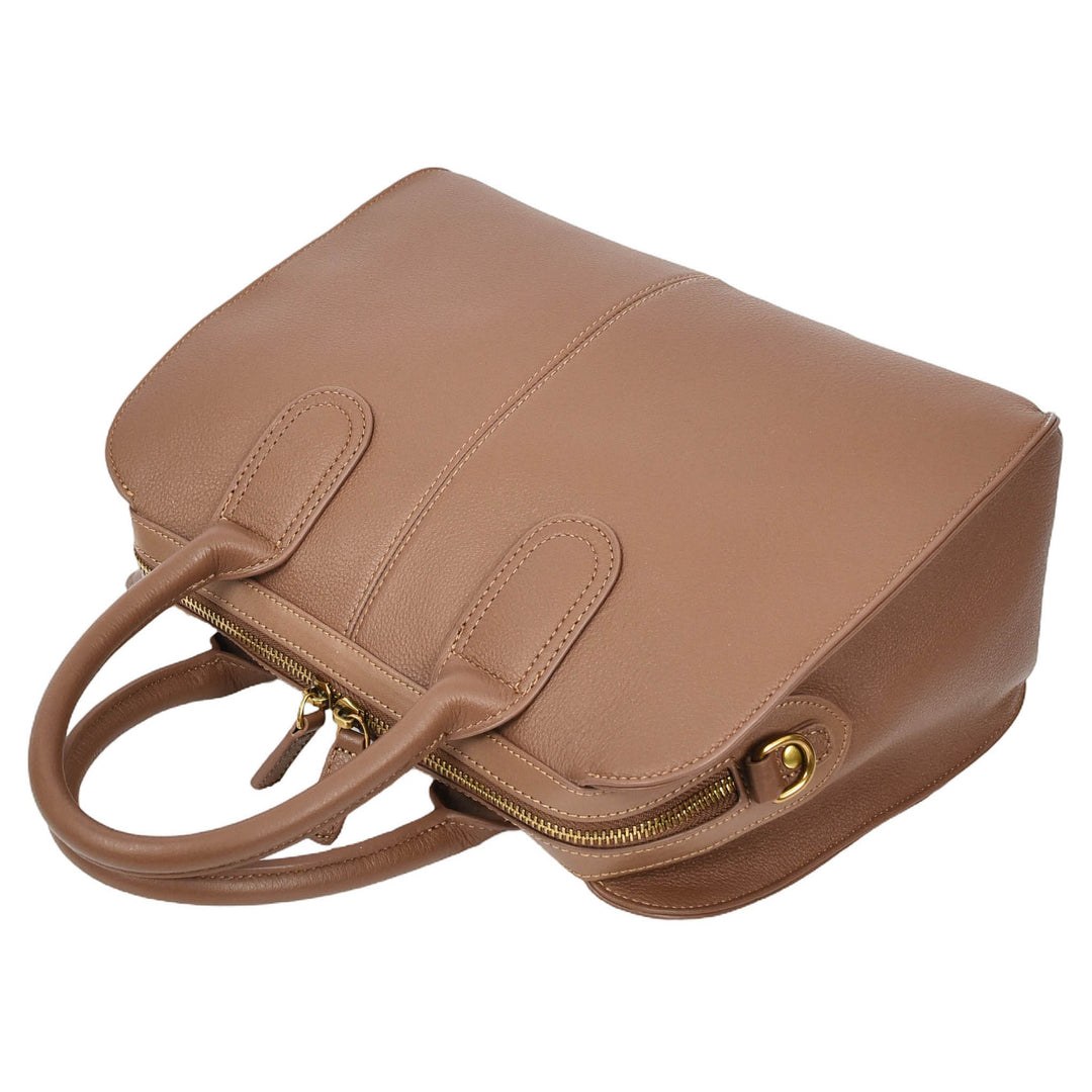 Womens Real Leather Handbag Classic Organiser Top-Handle Style Meadow Brown-5