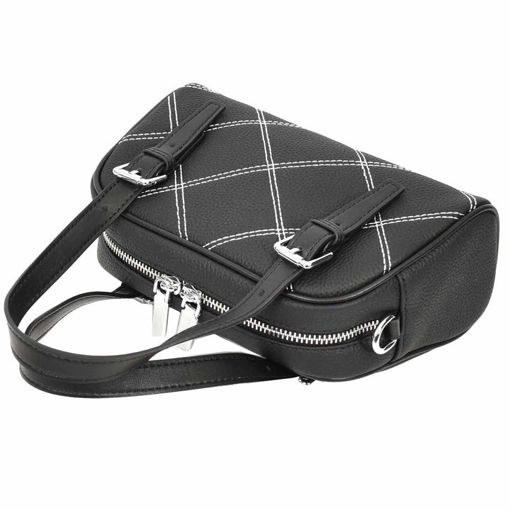 Women's Leather Satchel Handbag Quilted Stitch Design Anya Black 3