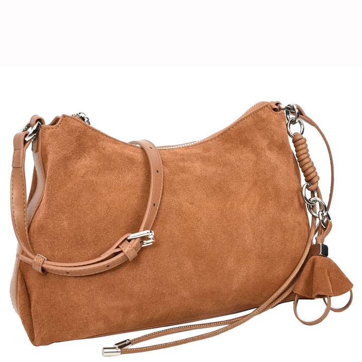 Women's Real Suede Hobo Shoulder Bag Side Tassel Solana Tan 9