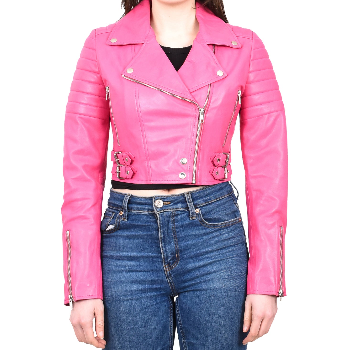 Womens Real Leather Biker Jacket Short Cropped Length Freya Pink Last Size 10