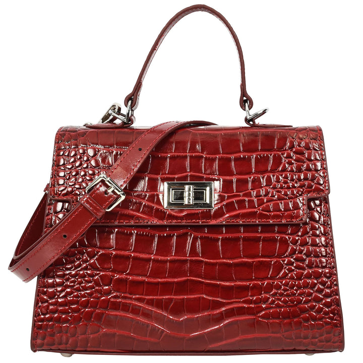 Women's Leather Structured Top Handle Handbag with Shoulder Strap Stella Red