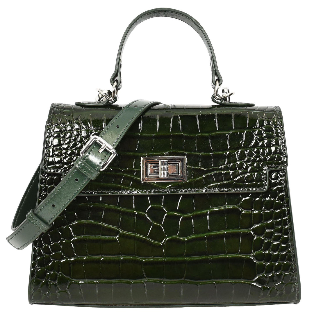 Women's Leather Structured Top Handle Handbag with Shoulder Strap Stella Green