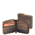 Mens Real Leather Hunter Zip Oiled Leather Wallet RFID HOL2207 Brown