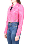 Womens Real Leather Biker Jacket Short Cropped Length Freya Pink Last Size 10