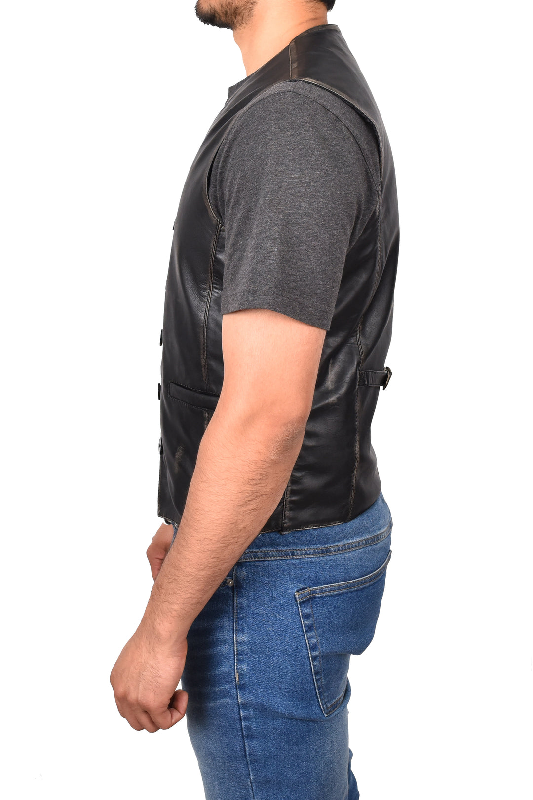 Mens Button Fastening Leather Waistcoat Nick Black Vintage