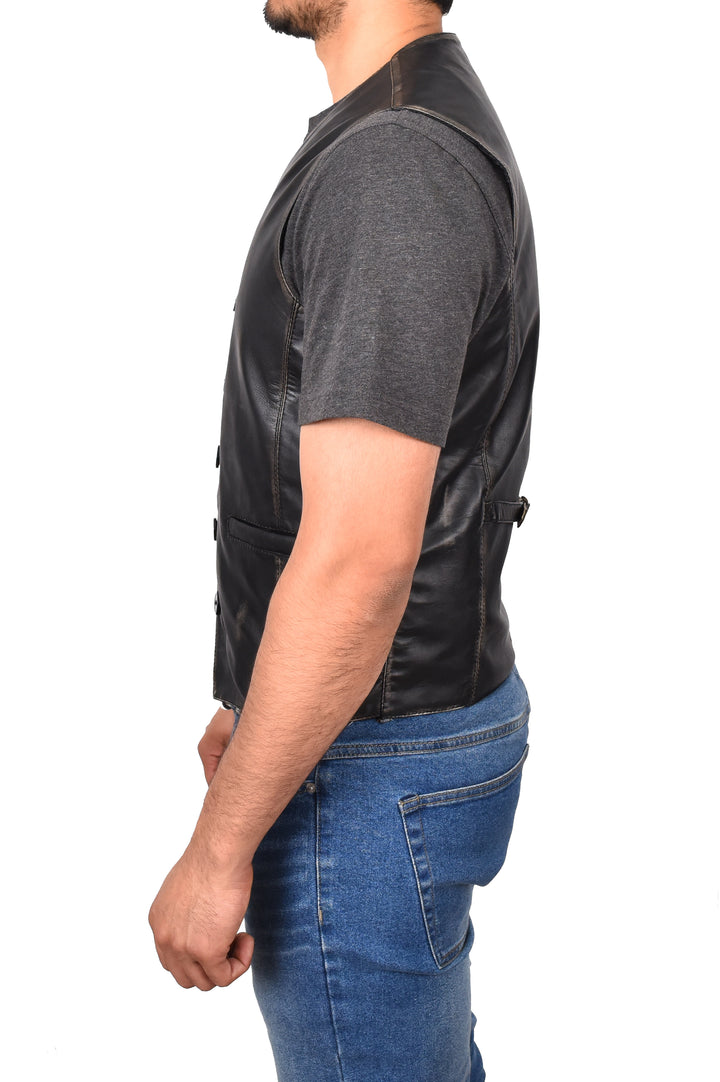 Mens Button Fastening Leather Waistcoat Nick Black Vintage