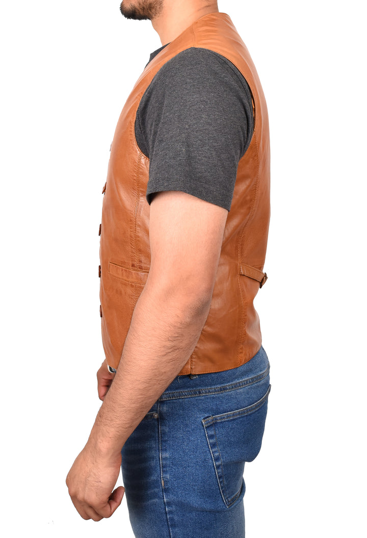 Mens Button Fastening Leather Waistcoat Nick Tan