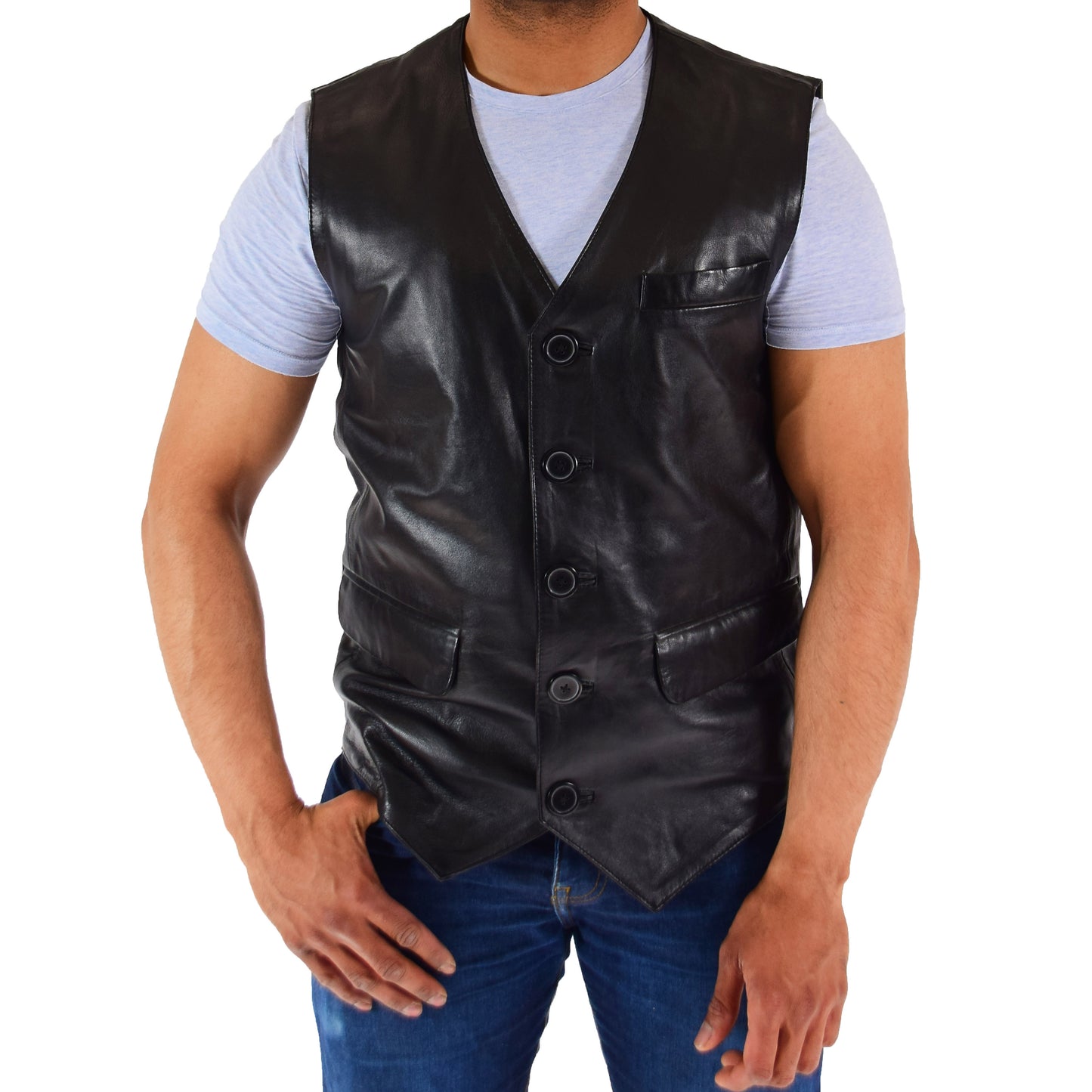 Mens Real Leather Gilet Vest Waistcoat SAM Black