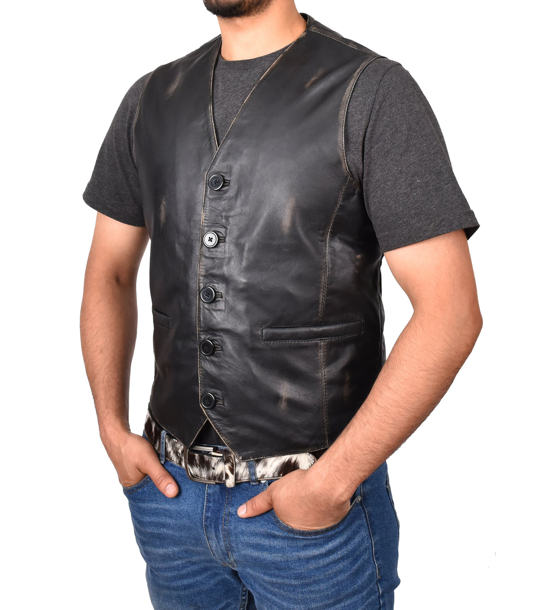 Mens Button Fastening Leather Waistcoat Nick Black Vintage