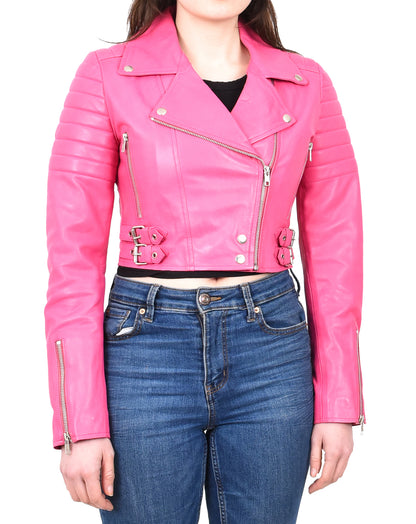 Womens Real Leather Biker Jacket Short Cropped Length Freya Pink Last Size 10