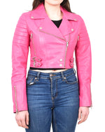 Womens Real Leather Biker Jacket Short Cropped Length Freya Pink Last Size 10