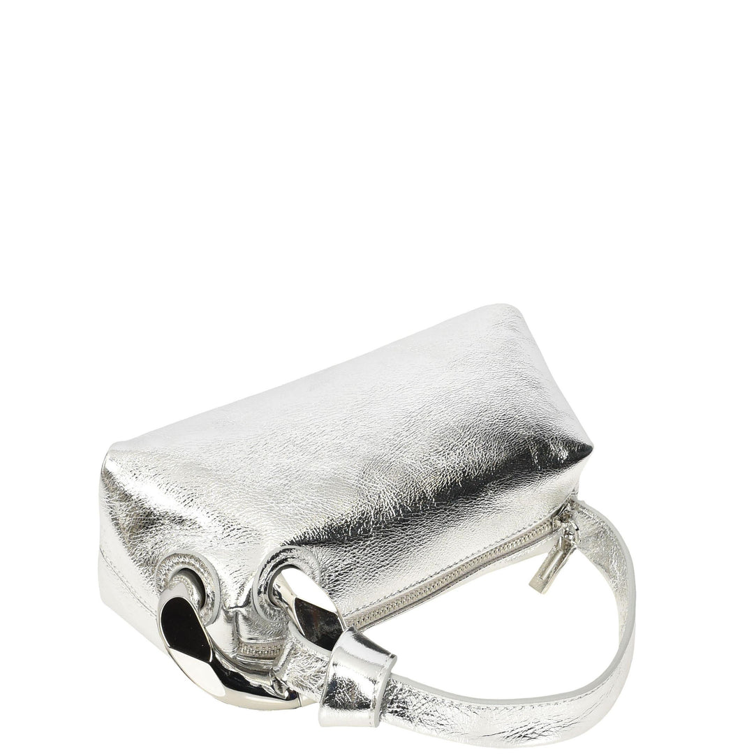 Womens Real Leather Handbag Small Size with Adjustable Strap Amara Silver