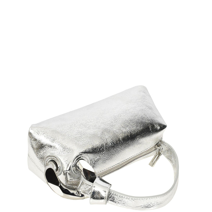 Womens Real Leather Handbag Small Size with Adjustable Strap Amara Silver