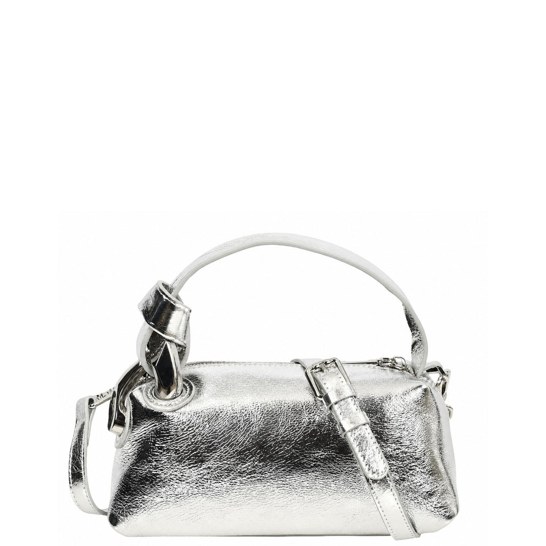 Womens Real Leather Handbag Small Size with Adjustable Strap Amara Silver