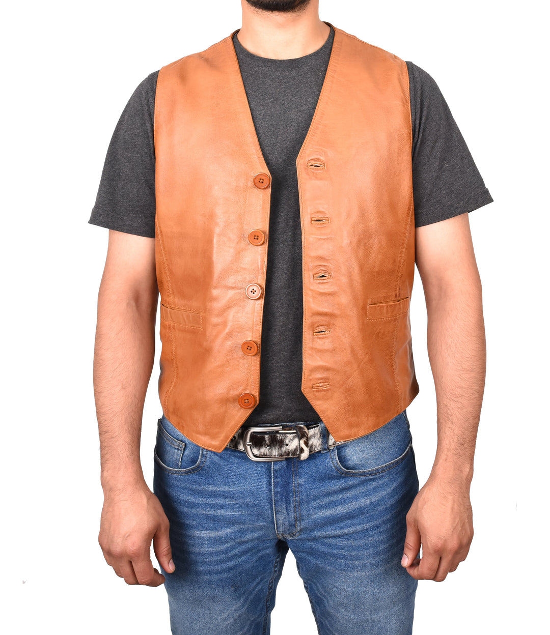 Mens Button Fastening Leather Waistcoat Nick Tan