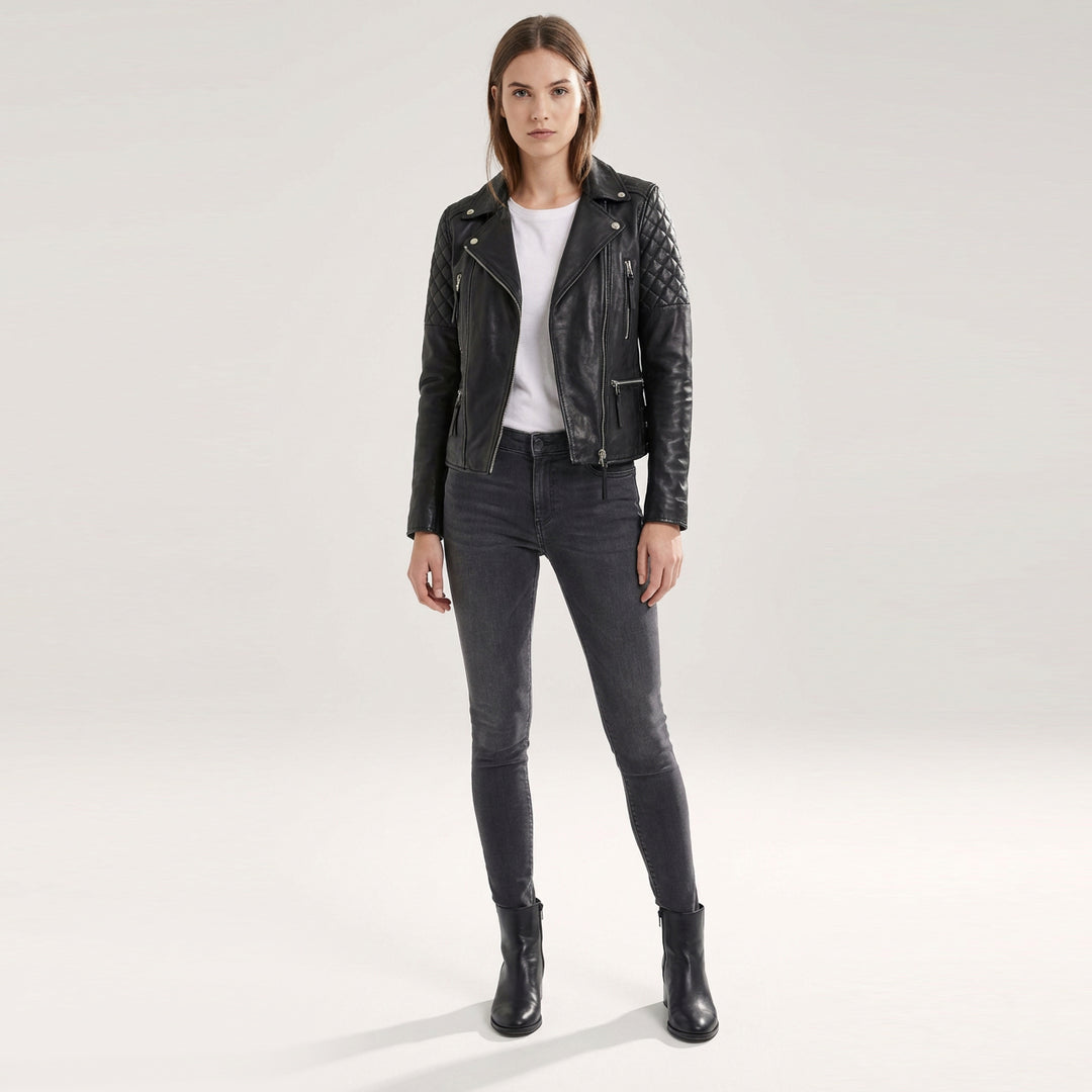 Womens Cross Zip Biker Leather Jacket Claudia Black