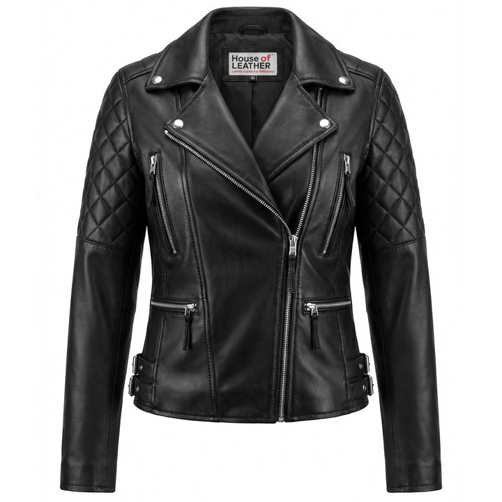 Womens Cross Zip Biker Leather Jacket Claudia Black
