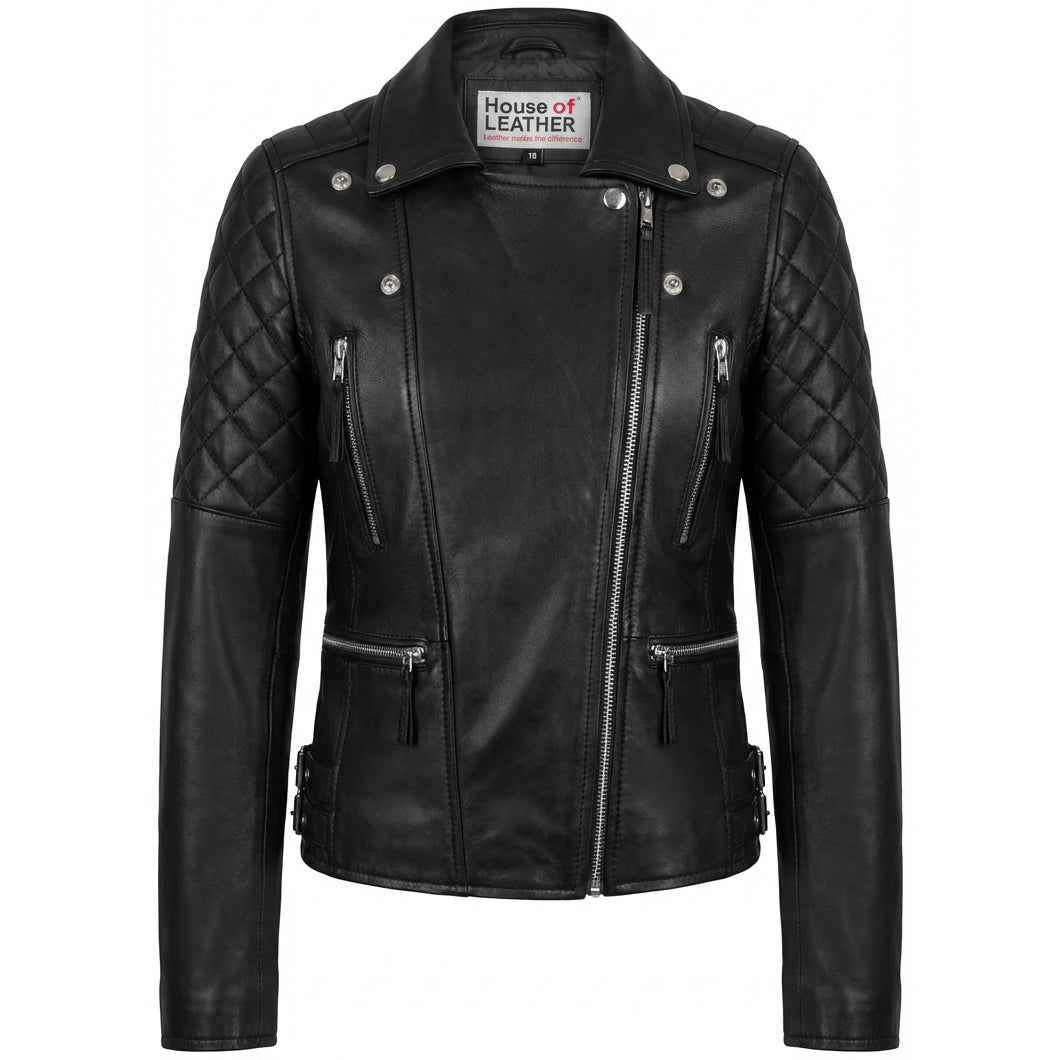 Womens Cross Zip Biker Leather Jacket Claudia Black