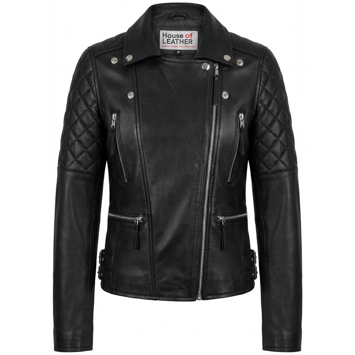 Womens Cross Zip Biker Leather Jacket Claudia Black