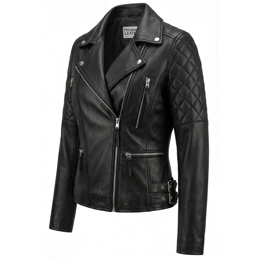 Womens Cross Zip Biker Leather Jacket Claudia Black