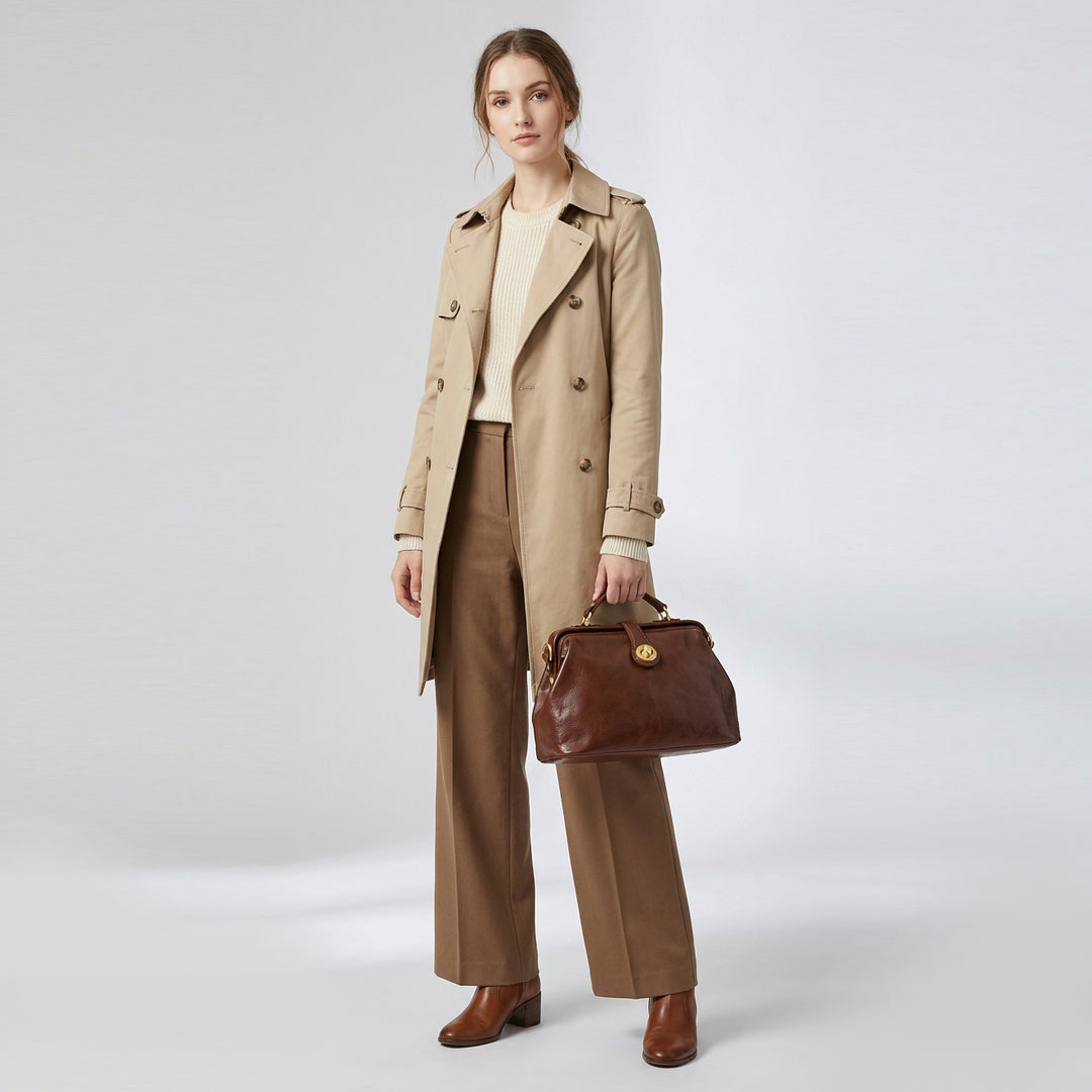 Womens Real Leather Bag Doctor Handbag HOL848 Brown
