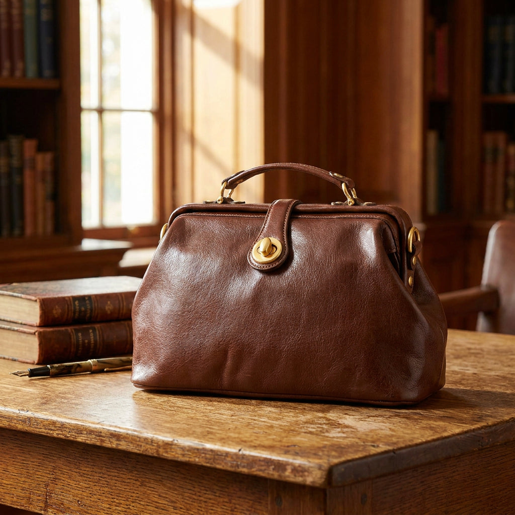 Womens Real Leather Bag Doctor Handbag HOL848 Brown