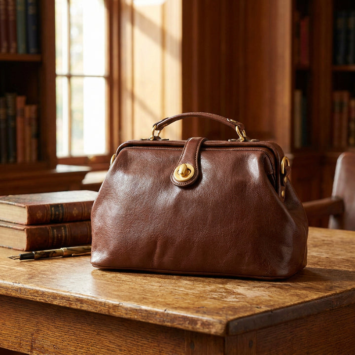 Womens Real Leather Bag Doctor Handbag HOL848 Brown