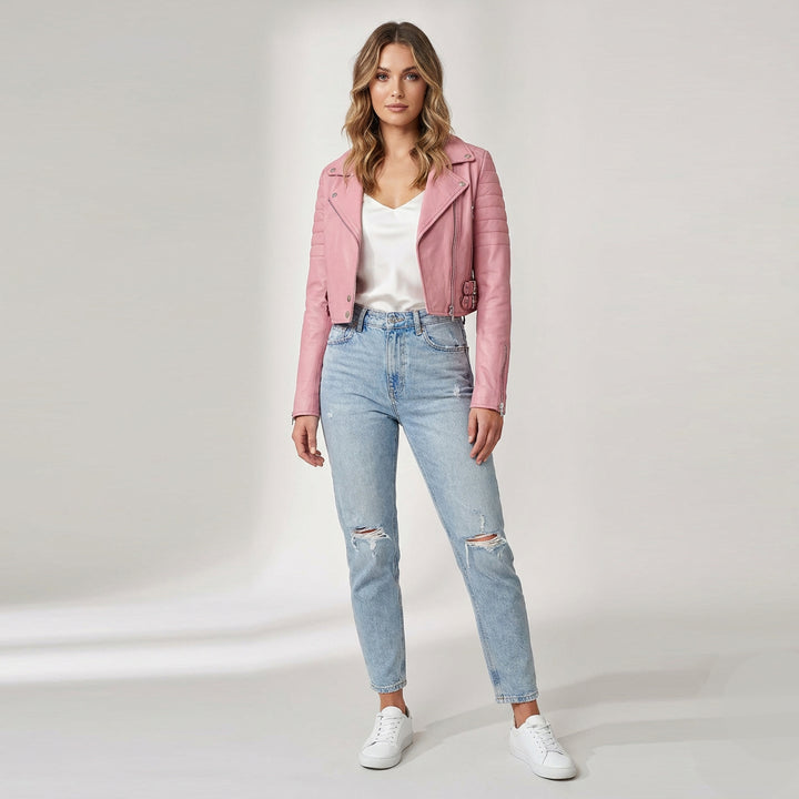 Womens Leather Cropped Biker Style Jacket Demi Baby Pink