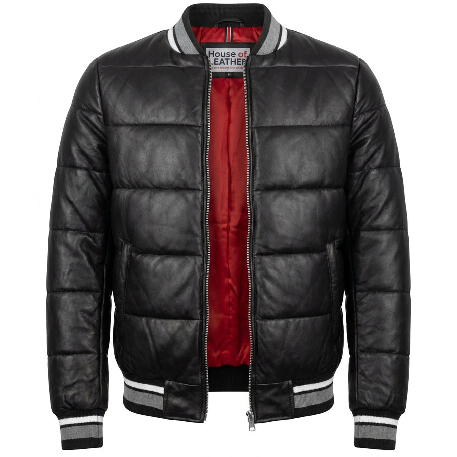 Womens Real Leather Puffer Bomber Jacket Dolly Black