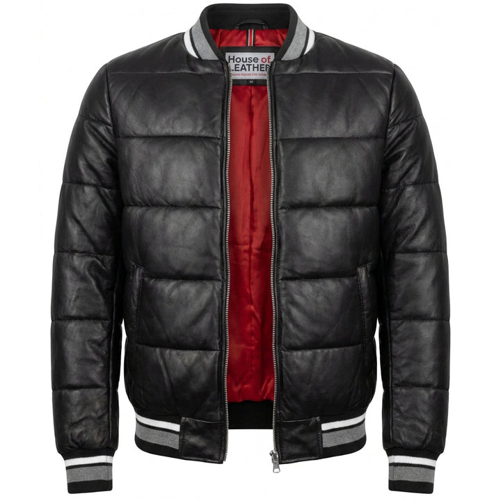 Womens Real Leather Puffer Bomber Jacket Dolly Black