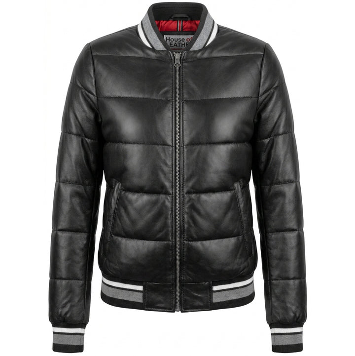 Womens Real Leather Puffer Bomber Jacket Dolly Black
