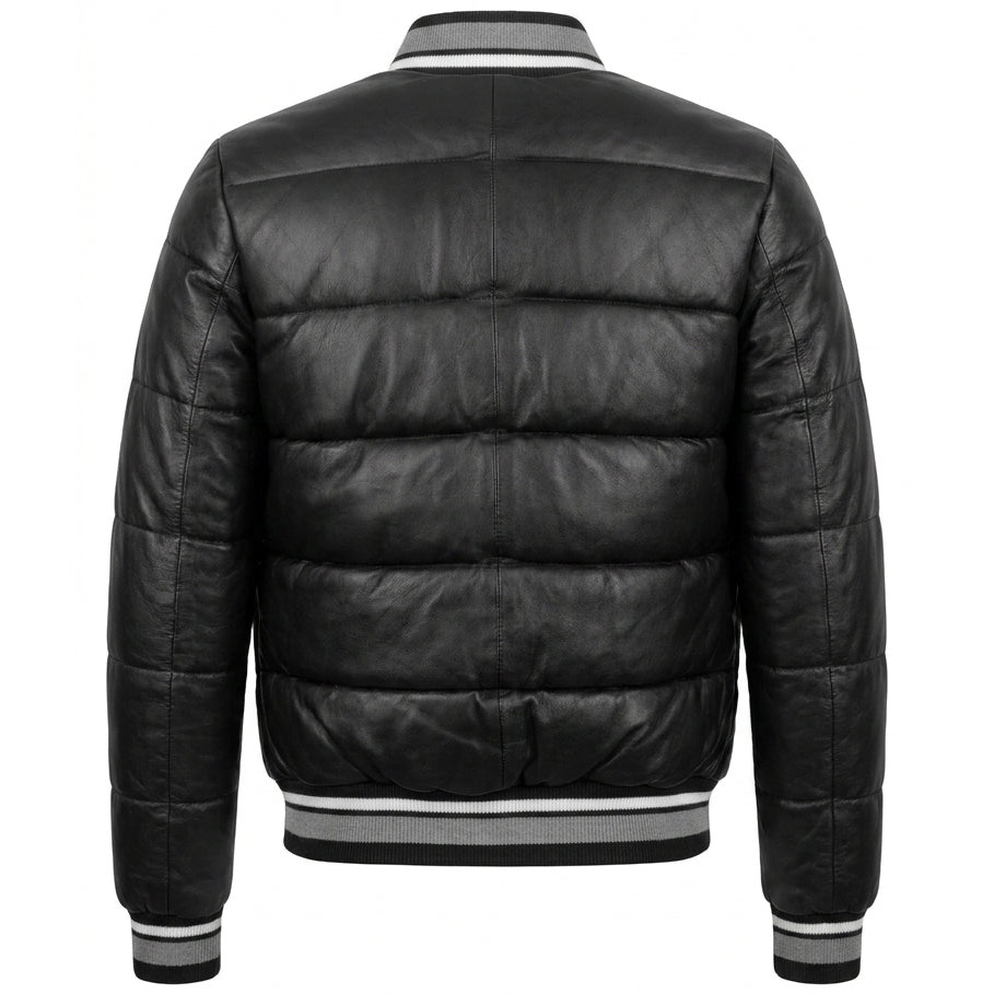 Womens Real Leather Puffer Bomber Jacket Dolly Black