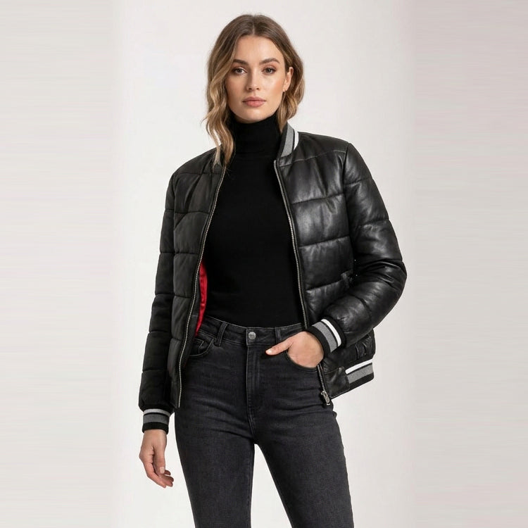 Womens Real Leather Puffer Bomber Jacket Dolly Black