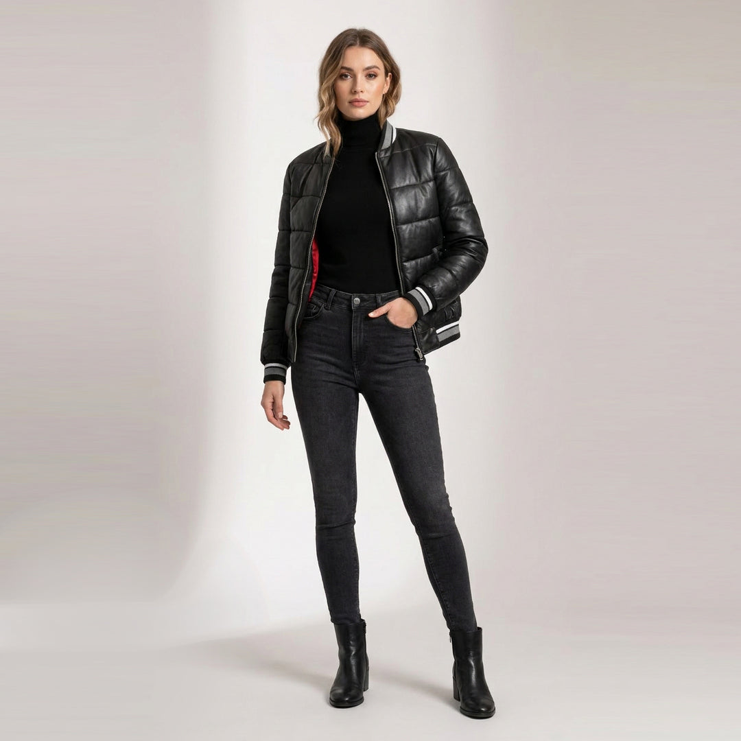 Womens Real Leather Puffer Bomber Jacket Dolly Black
