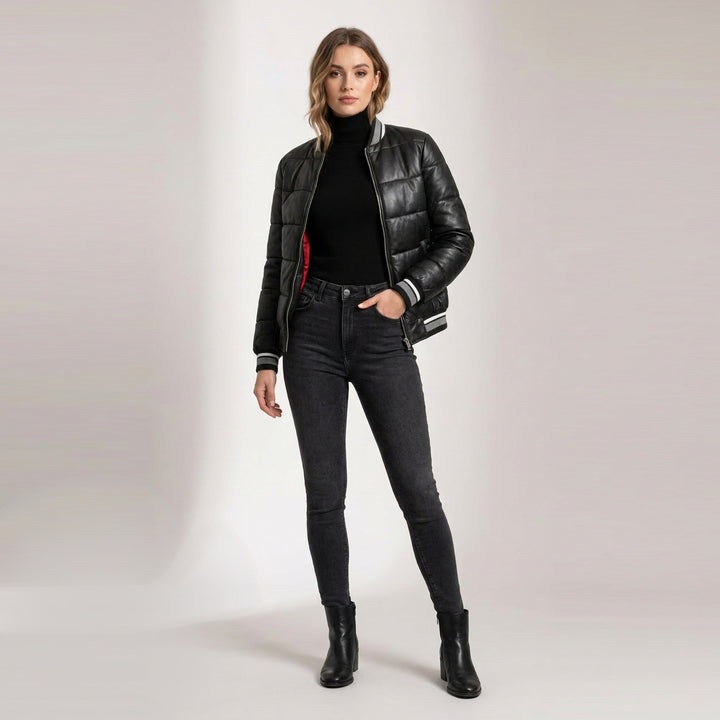 Womens Real Leather Puffer Bomber Jacket Dolly Black