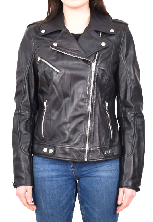 Womens Real Leather Biker Cross Zip Jacket Style Tiana Black Size 12