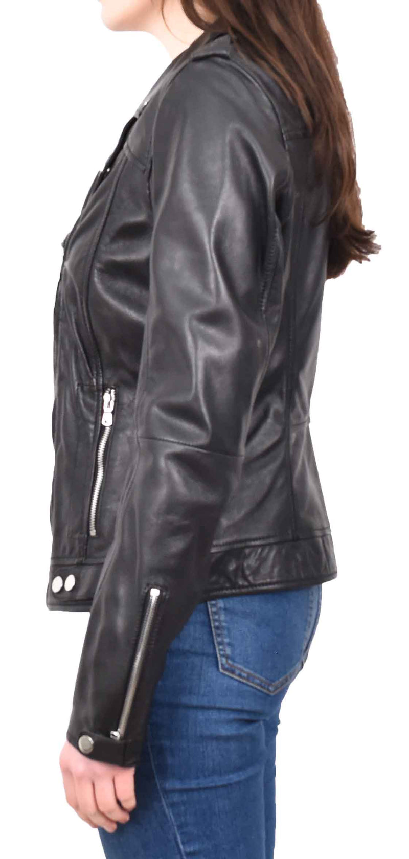 Womens Real Leather Biker Cross Zip Jacket Style Tiana Black Size 12