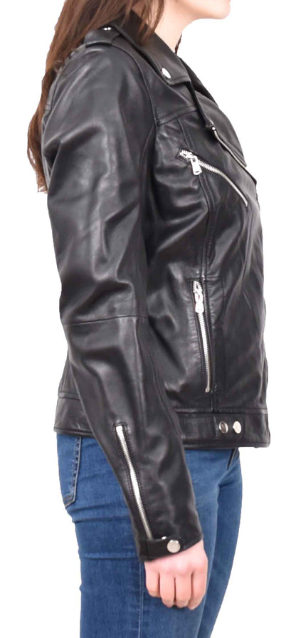 Womens Real Leather Biker Cross Zip Jacket Style Tiana Black Size 12