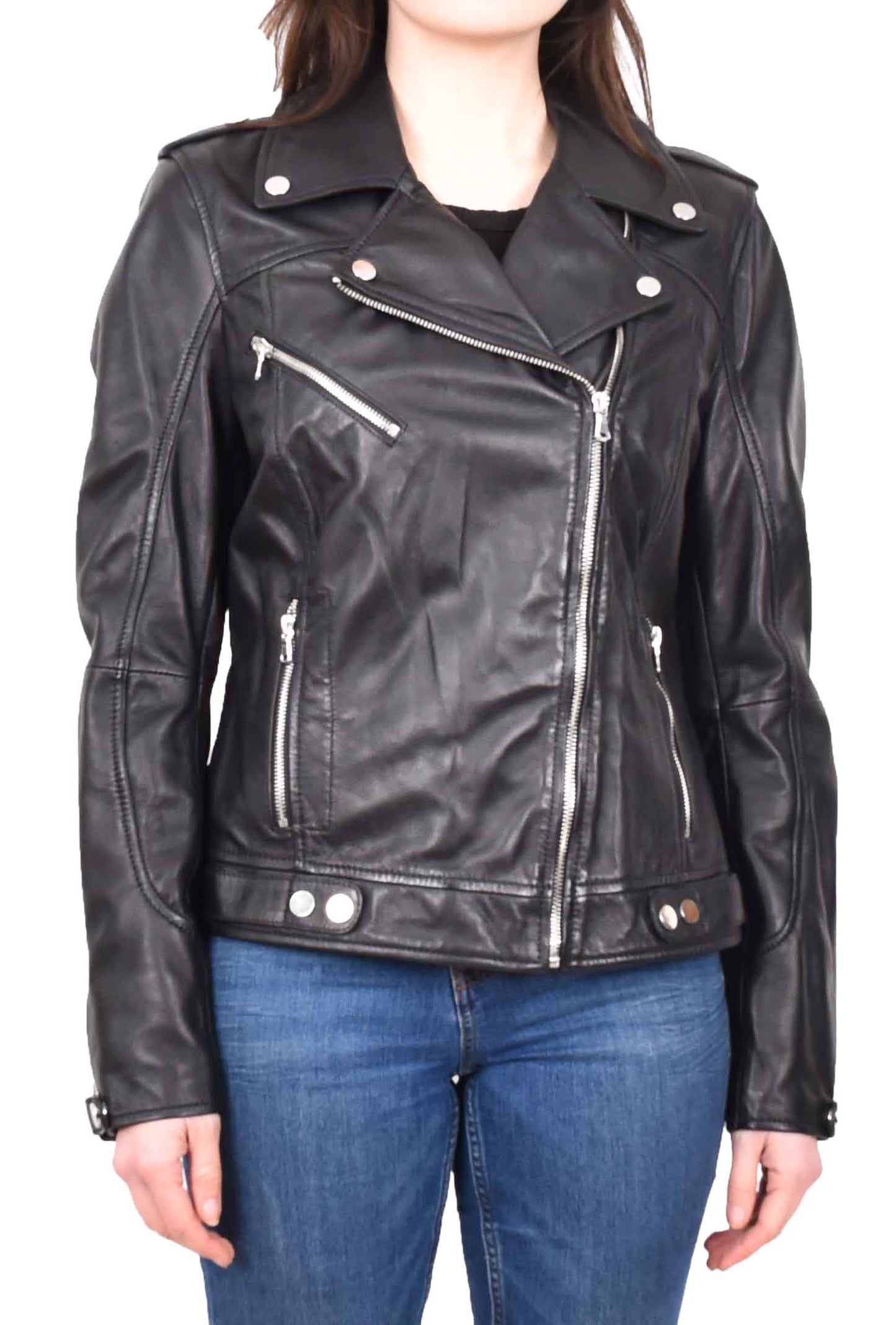 Womens Real Leather Biker Cross Zip Jacket Style Tiana Black Size 12