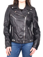Womens Real Leather Biker Cross Zip Jacket Style Tiana Black Size 12