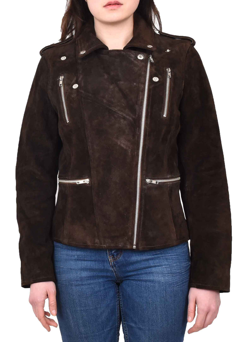 House Of Leather Womens Real Suede Biker Jacket Cross Zip Fastening Style Skylar Size 12 Brown