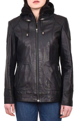 Womens Real Leather Classic Jacket Zip Box Style Hoody HOL50 Size 12 Black