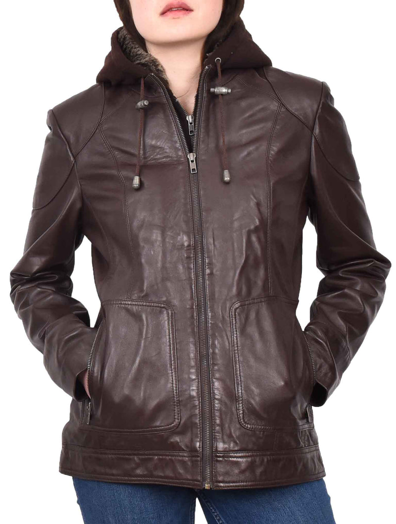 Womens Real Leather Classic Jacket Zip Box Style Hoody HOL50 Size 12 Brown