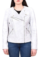 Womens Real Leather Biker Jacket Casual Cross Zip Shelly Dirty White Size 12