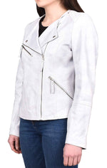 Womens Real Leather Biker Jacket Casual Cross Zip Shelly Dirty White Size 12