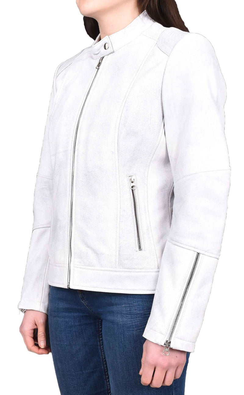 Womens Real Leather Biker Jacket Zip up Casual Connie Dirty White Size 12